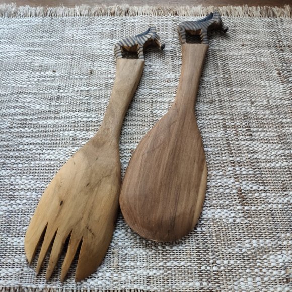 Vintage Hand Carved Wooden Zebra Spoon and Fork - Picture 2 of 14